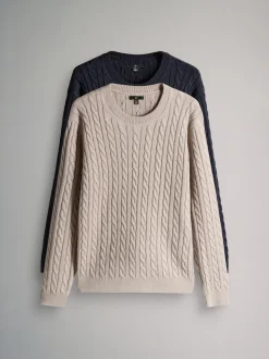 The Set 2 Pack Cable Knit Jumpers with Wool Navy Blue/Brown