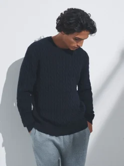 The Set 2 Pack Cable Knit Jumpers with Wool Navy Blue/Brown