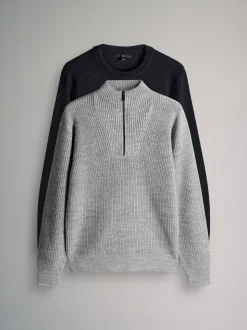 The Set 2 Pack Cable Knit and Zip Neck Jumpers Navy Blue/Grey Marl