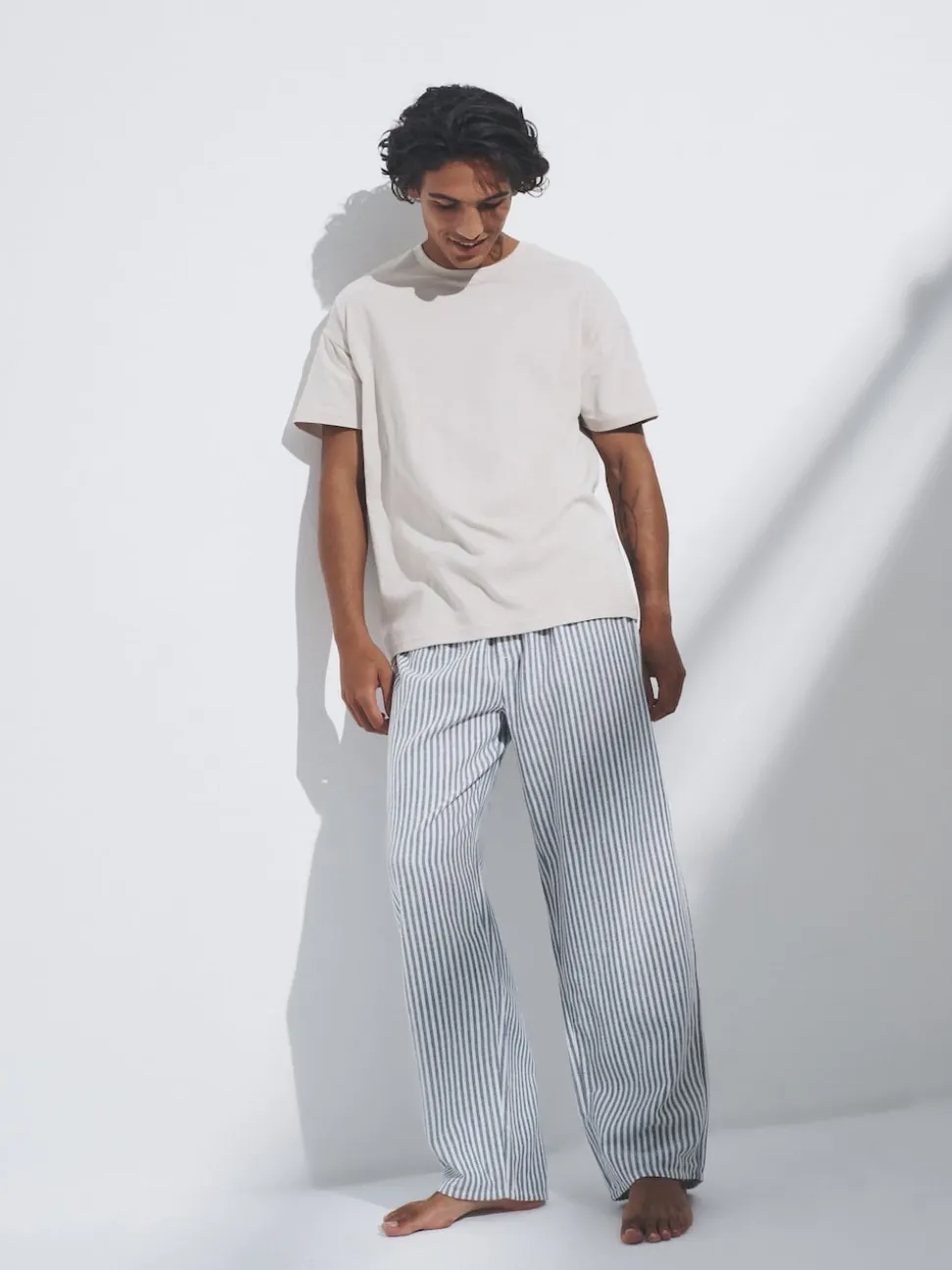 The Set 3 Pack Jersey T-Shirt and Flannel Pyjamas Cream/Grey/Blue