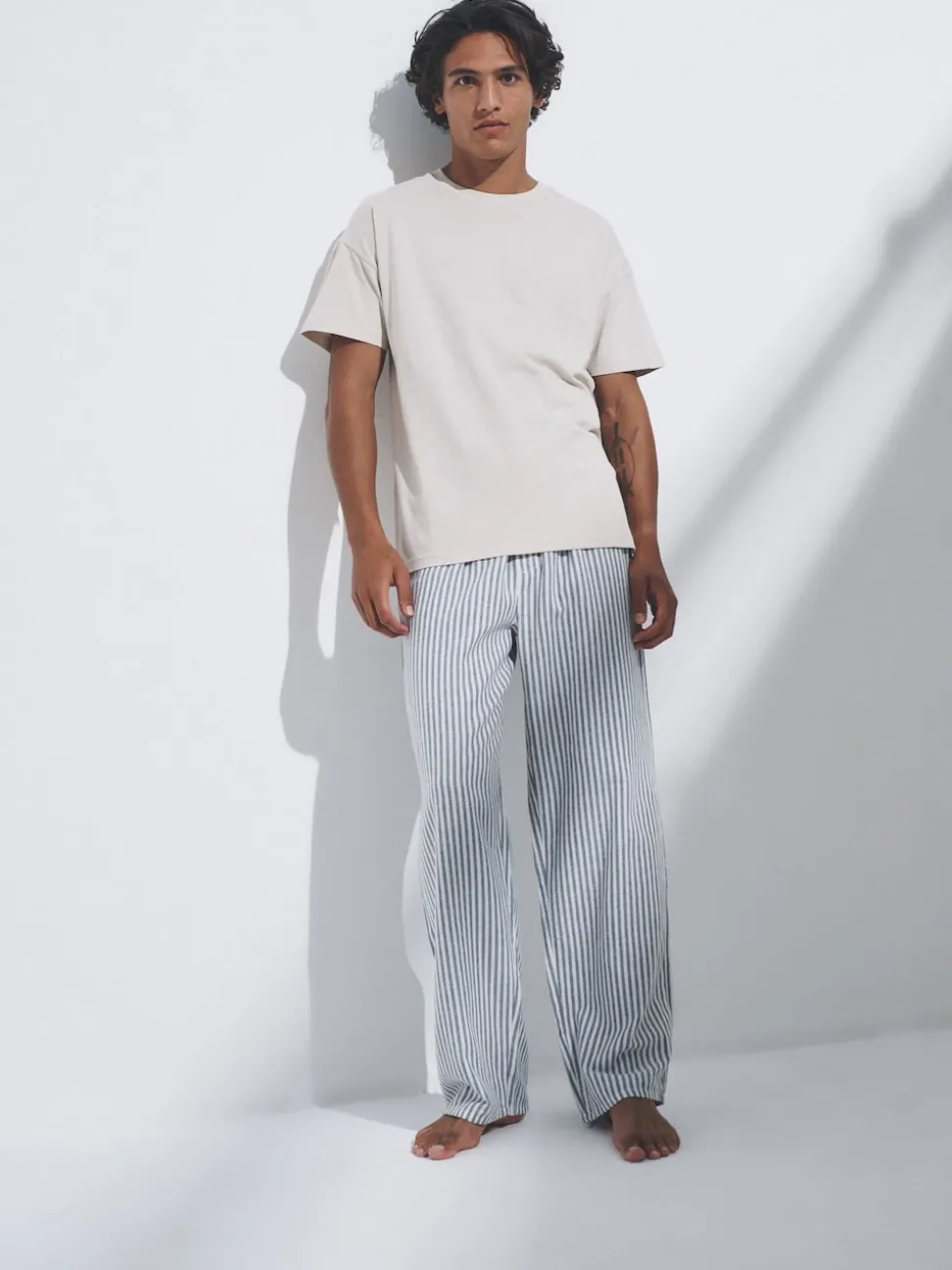 The Set 3 Pack Jersey T-Shirt and Flannel Pyjamas Cream/Grey/Blue