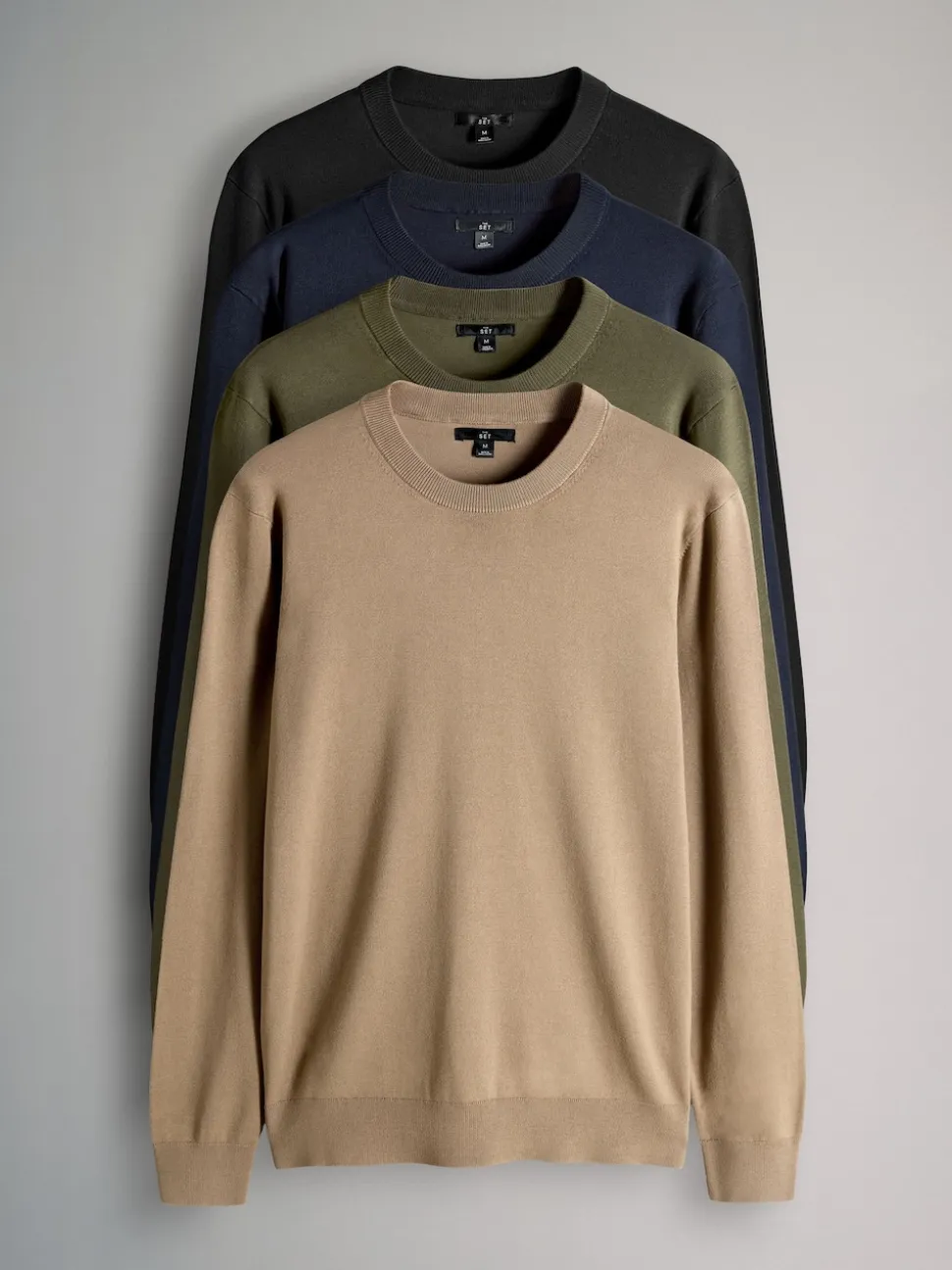 The Set 4 Pack Long Sleeve Knitted Crew Jumpers Black/Navy Blue/Khaki/Brown