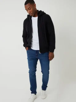 Threadbare Black Cable Knit Microfleece Lined Zip Through Hoodie