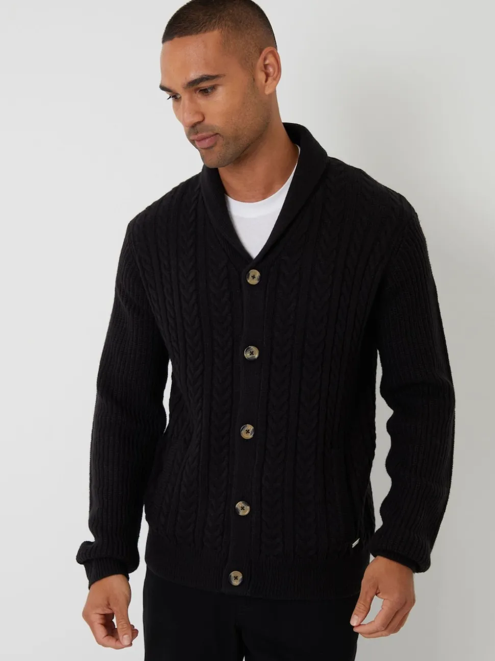 Threadbare Black Cable Knit Shawl Collar Cardigan With Wool