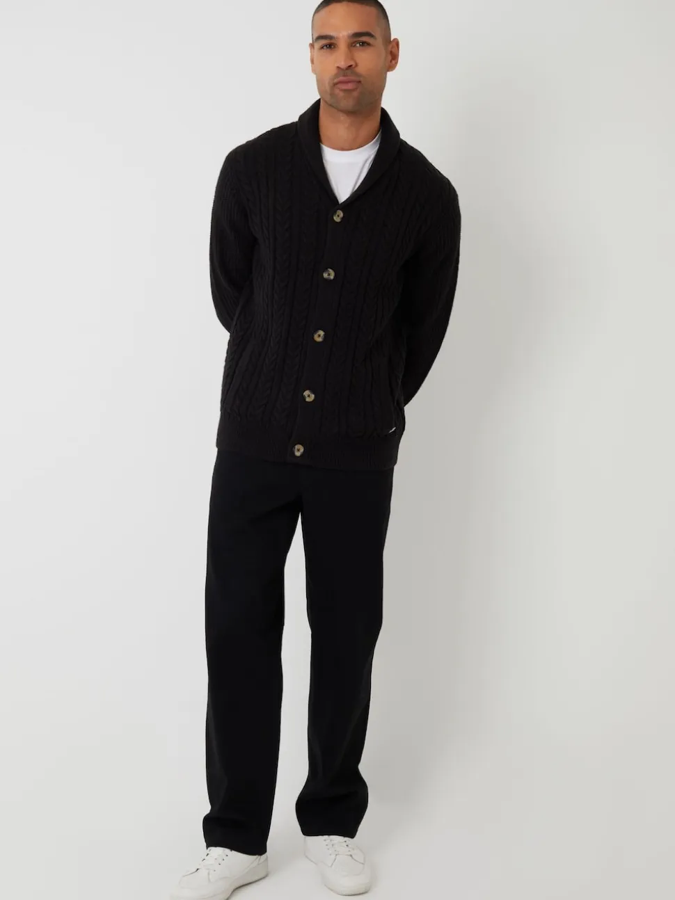 Threadbare Black Cable Knit Shawl Collar Cardigan With Wool