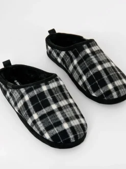 Threadbare Black Check Faux Fur Lined Mule Slippers