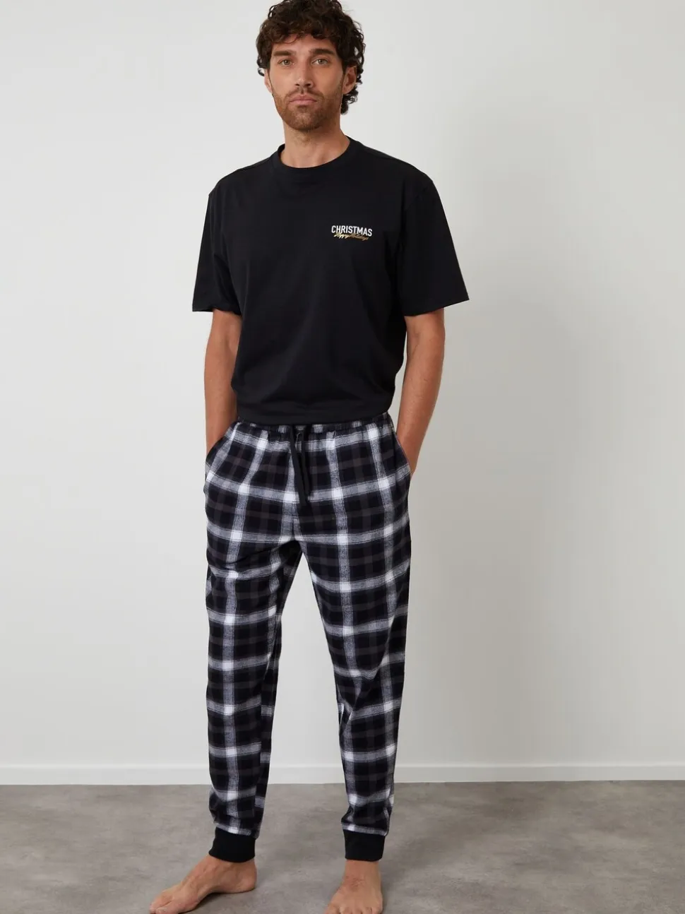 Threadbare Black Christmas Graphic Check Pyjamas Set