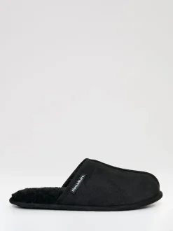 Threadbare Black Faux Fur Lined Slip On Mule Slippers