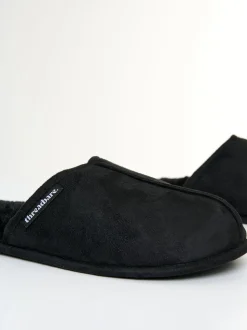 Threadbare Black Faux Fur Lined Slip On Mule Slippers