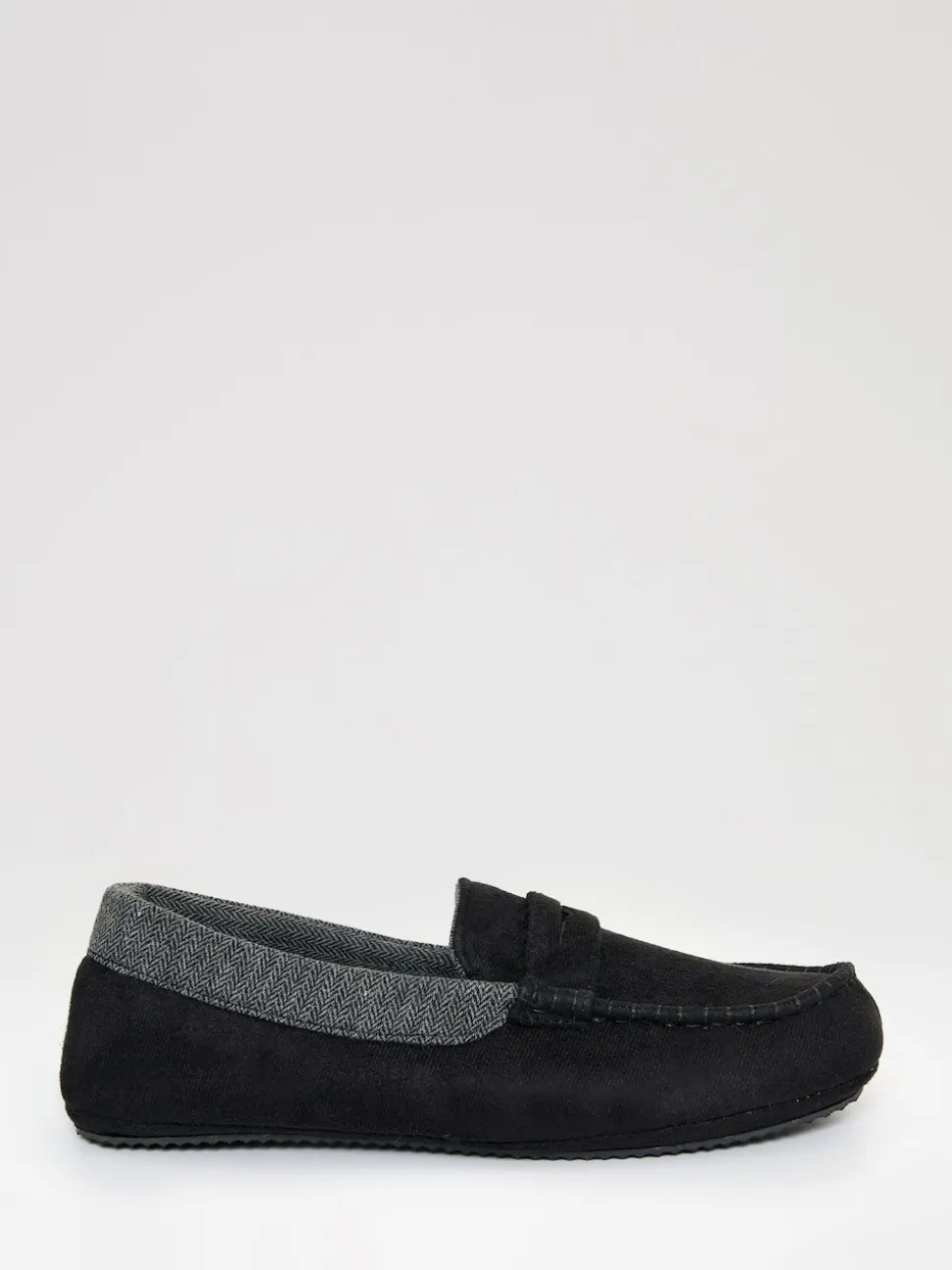 Threadbare Black Faux Suede Fabric Trim Moccasin Slippers