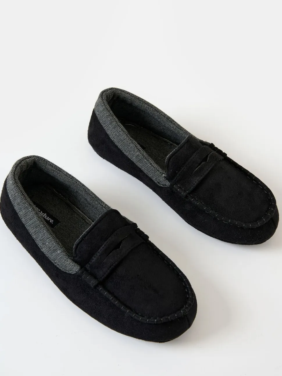 Threadbare Black Faux Suede Fabric Trim Moccasin Slippers