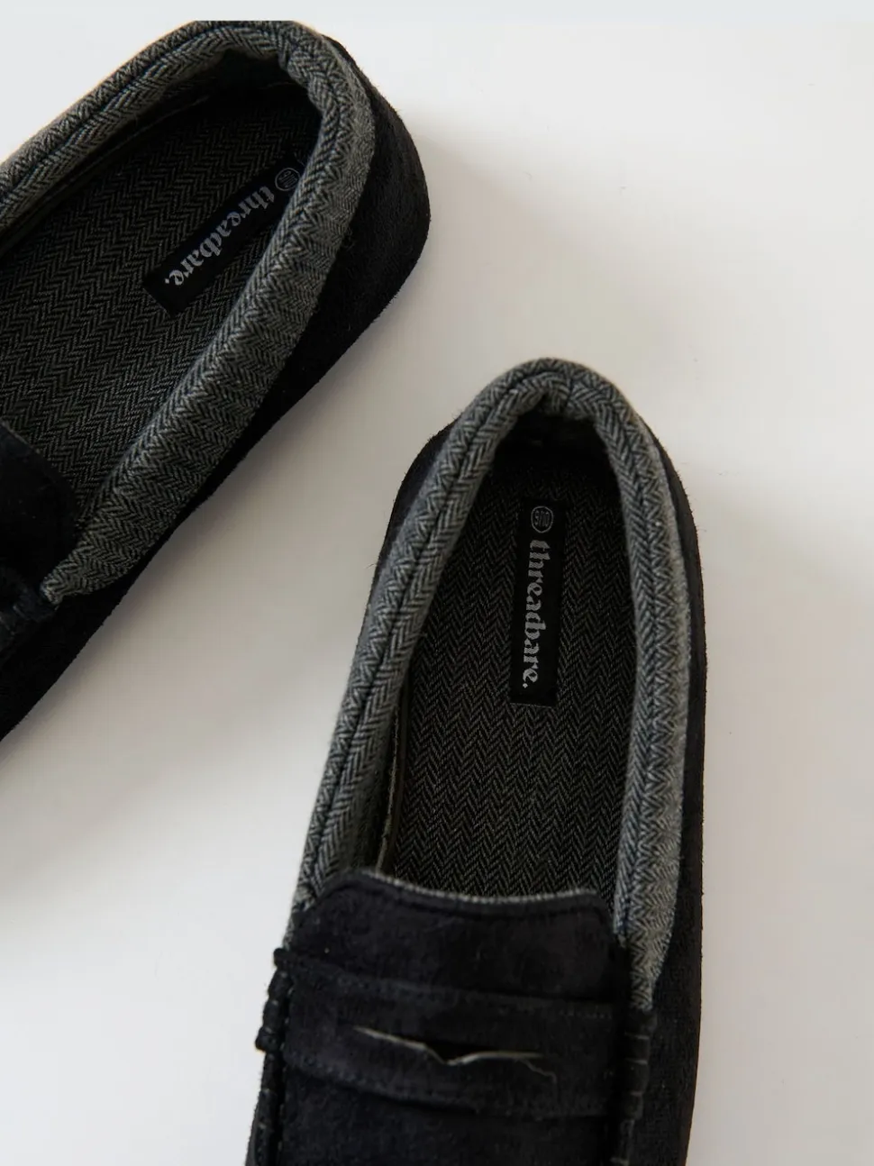 Threadbare Black Faux Suede Fabric Trim Moccasin Slippers