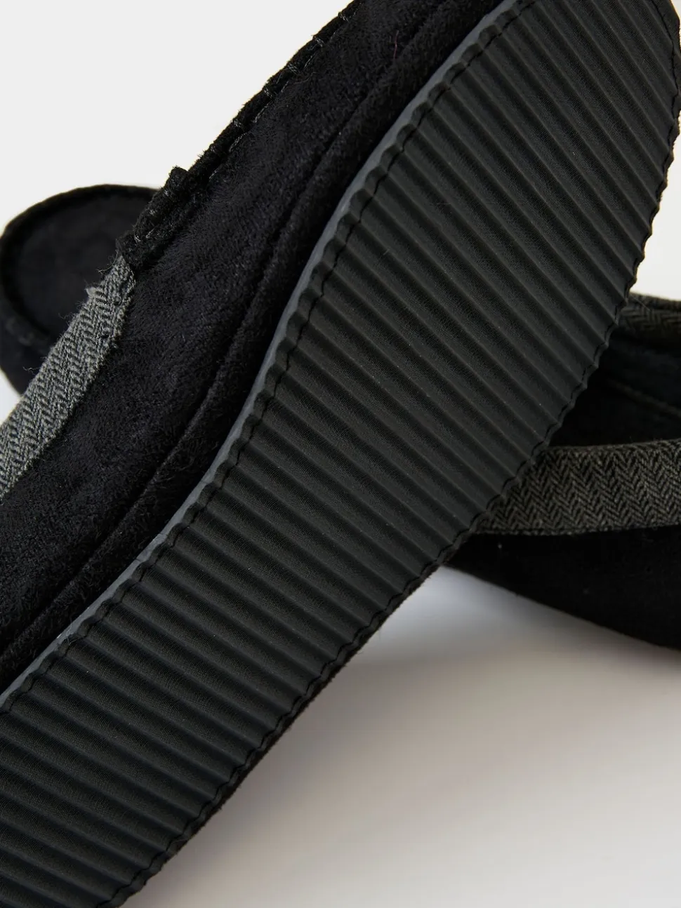 Threadbare Black Faux Suede Fabric Trim Moccasin Slippers