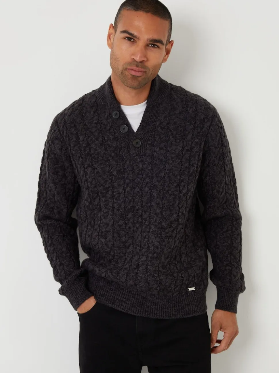 Threadbare Black Funnel Neck Cable Knit Jumper