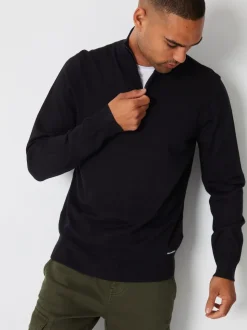 Threadbare Black Funnel Quarter Zip Knitted Jumper