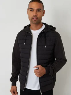 Threadbare Black Quilted Hybrid Hooded Jacket