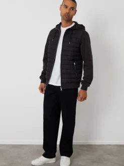 Threadbare Black Quilted Hybrid Hooded Jacket