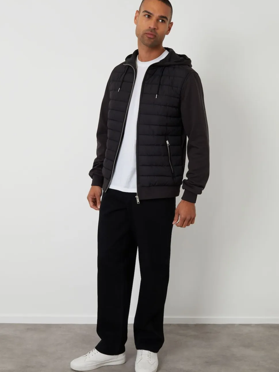 Threadbare Black Quilted Hybrid Hooded Jacket