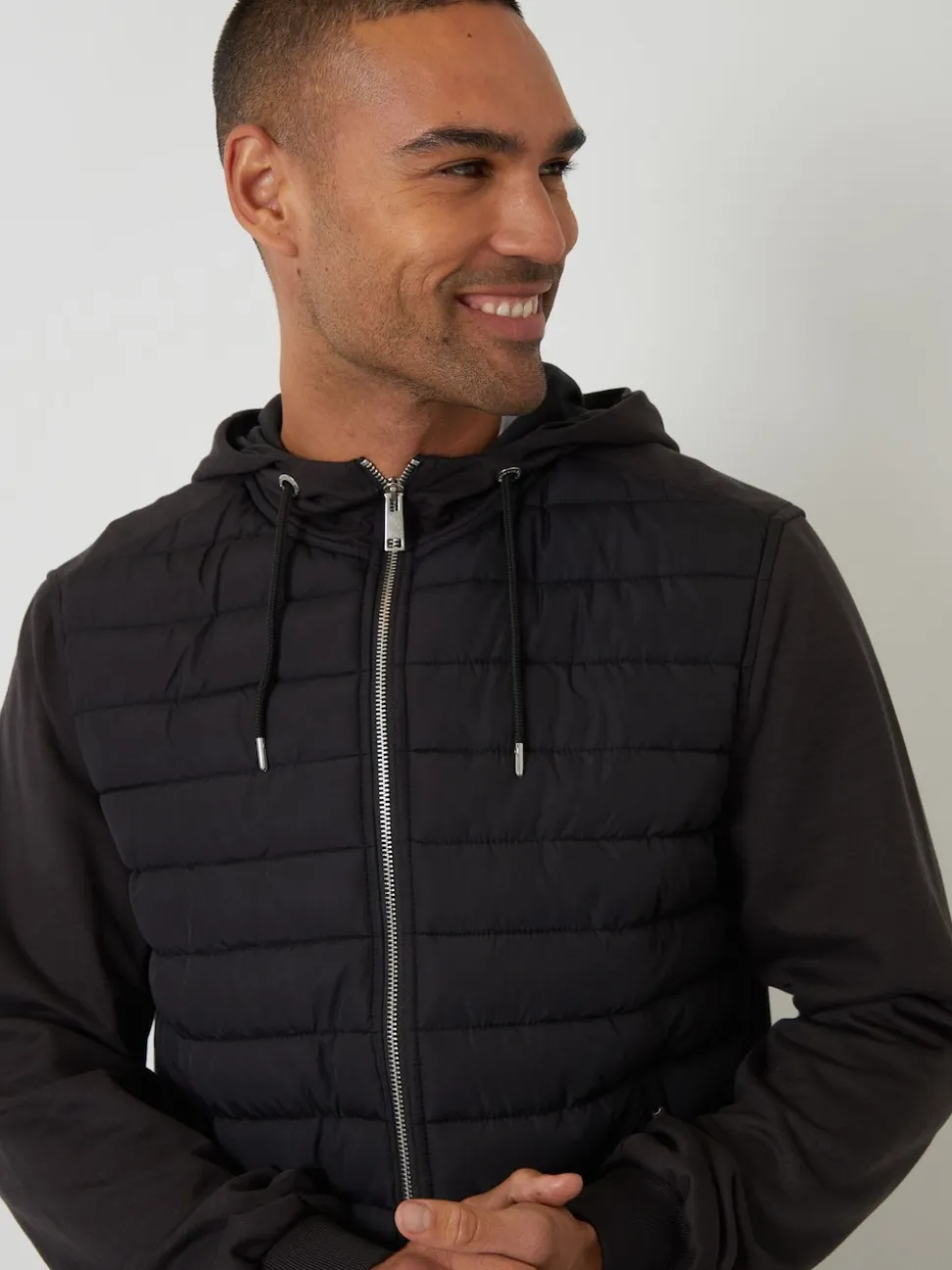 Threadbare Black Quilted Hybrid Hooded Jacket