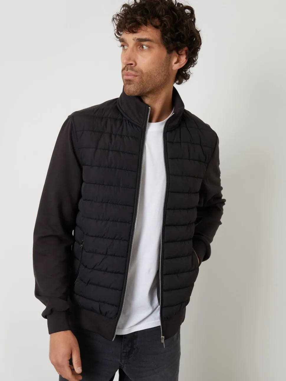 Threadbare Black Quilted Hybrid Funnel Neck Jacket