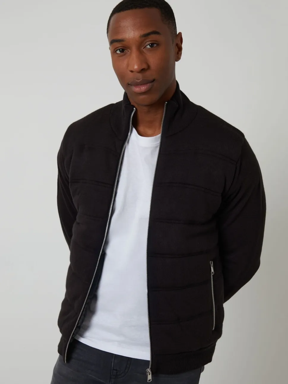 Threadbare Black Quilted Zip-Up Knitted Jacket