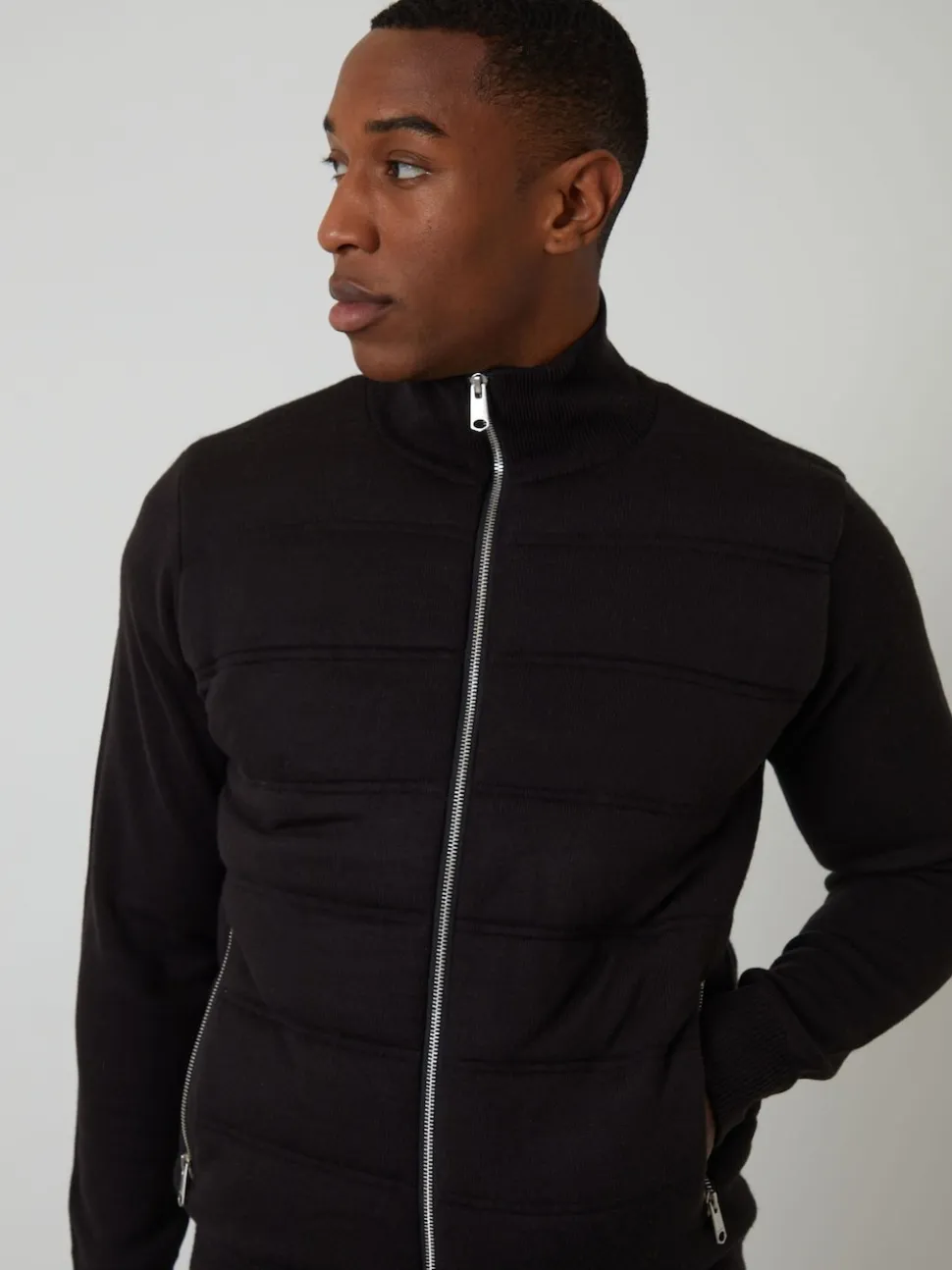 Threadbare Black Quilted Zip-Up Knitted Jacket