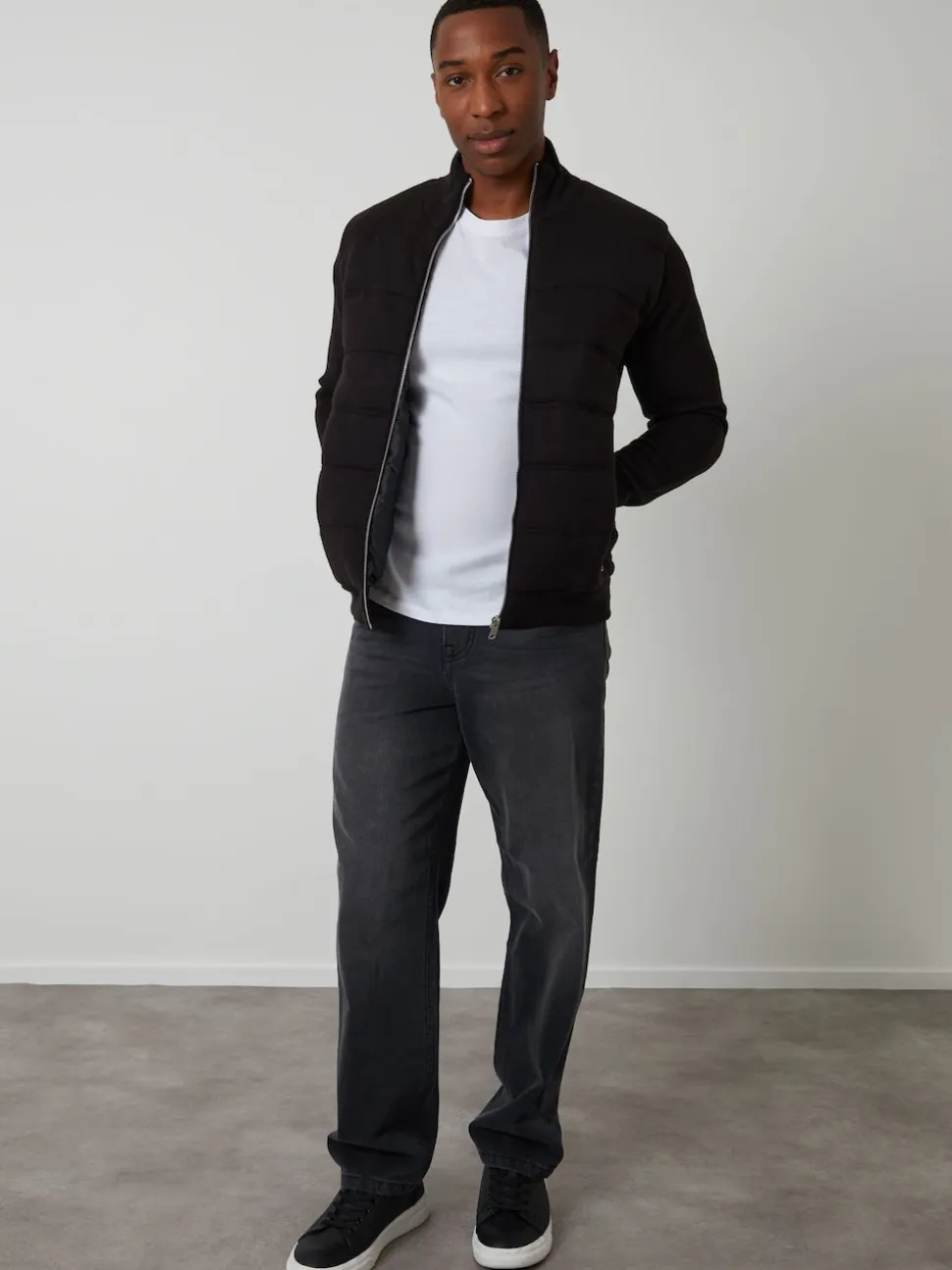 Threadbare Black Quilted Zip-Up Knitted Jacket