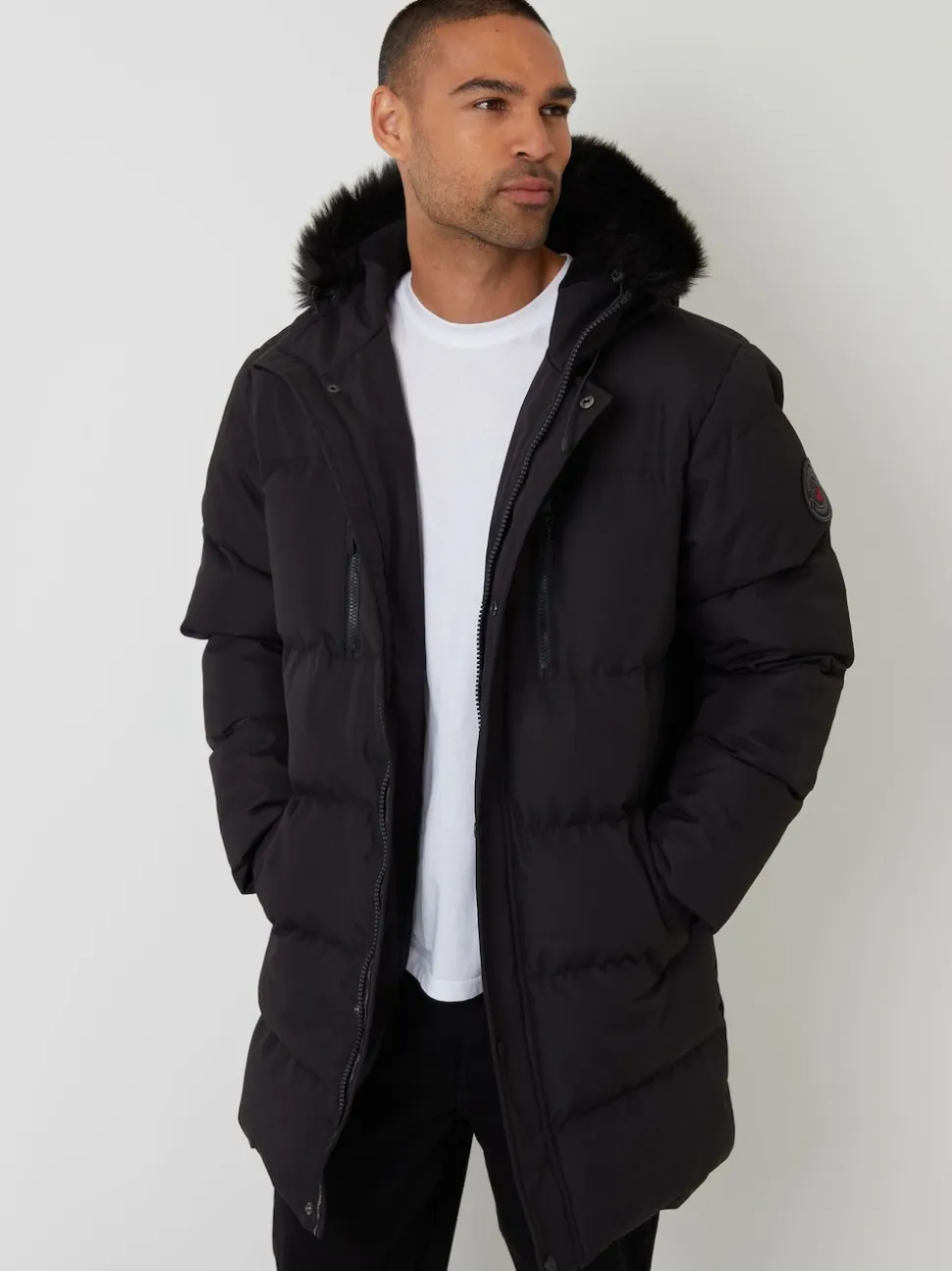Threadbare Black Showerproof Longline Quilted Parka Jacket