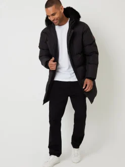 Threadbare Black Showerproof Longline Quilted Parka Jacket