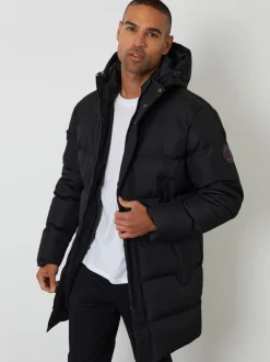 Threadbare Black Showerproof Longline Hooded Puffer Coat