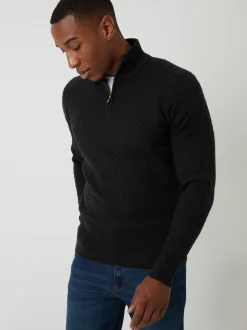 Threadbare Black Textured Cable Knit Quarter Zip Jumper