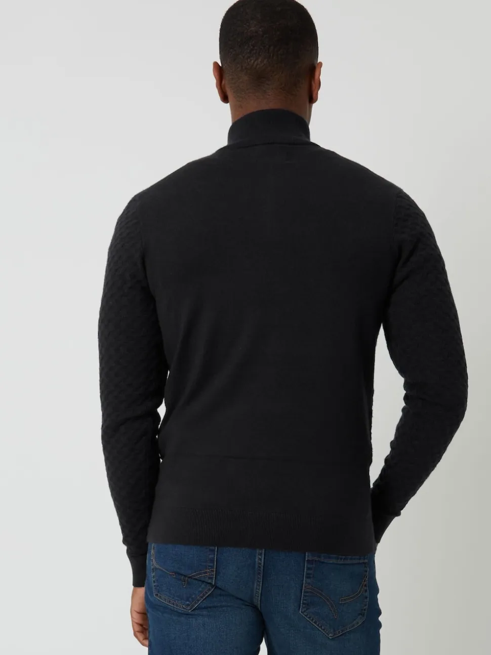 Threadbare Black Textured Cable Knit Quarter Zip Jumper