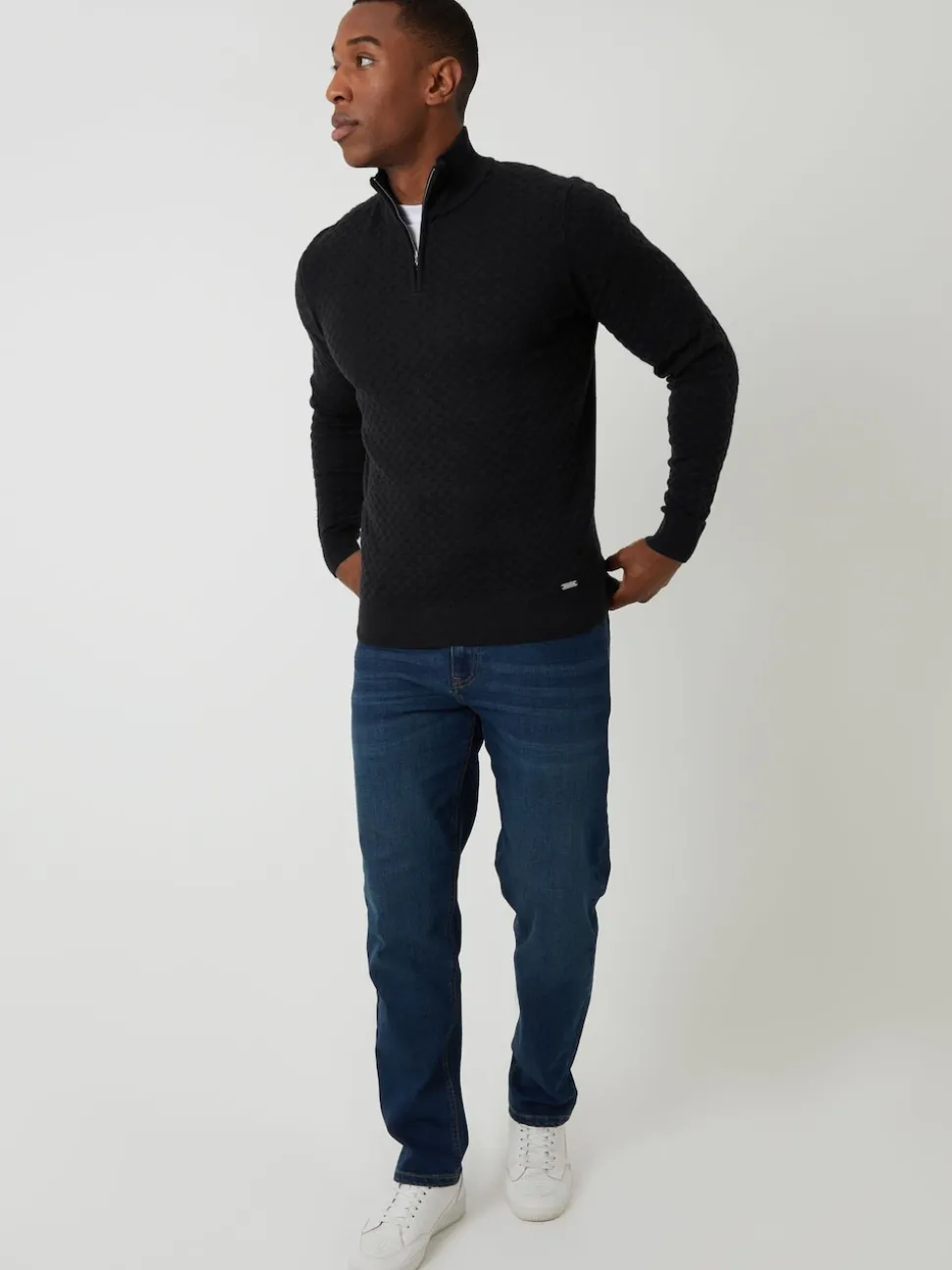 Threadbare Black Textured Cable Knit Quarter Zip Jumper