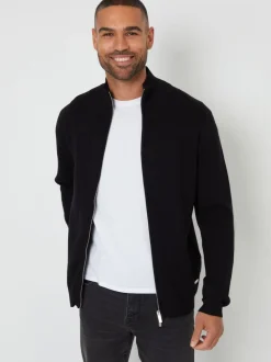 Threadbare Black Zip-Through Funnel Neck Knitted Cardigan
