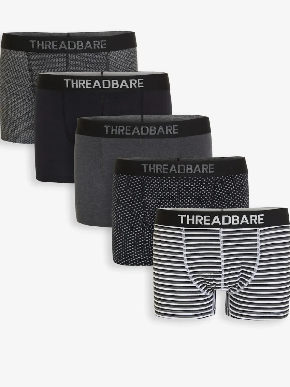 Threadbare Black/Grey/White Hipster Fit Boxer Shorts (5 Pack)
