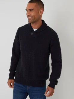 Threadbare Blue Basket Stitch Knitted Shawl Neck Jumper