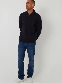 Threadbare Blue Basket Stitch Knitted Shawl Neck Jumper