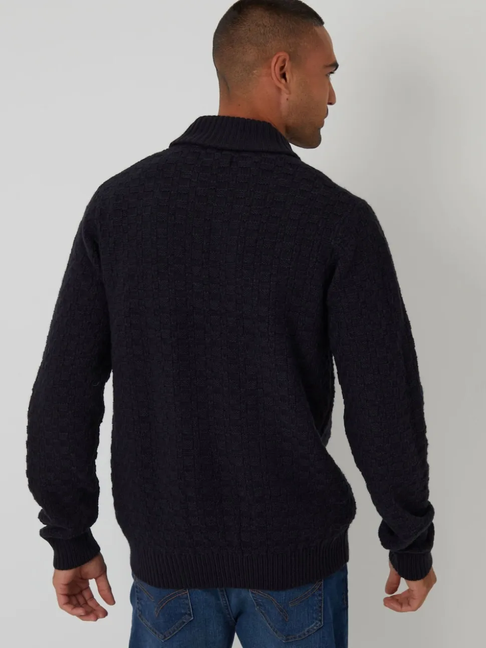Threadbare Blue Basket Stitch Knitted Shawl Neck Jumper