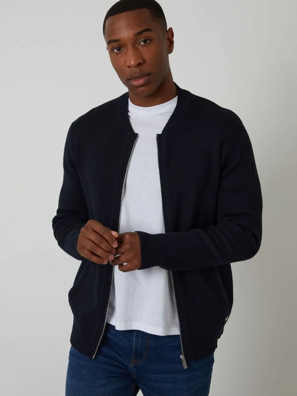 Threadbare Blue Bomber Style Knitted Zip Through Cardigan