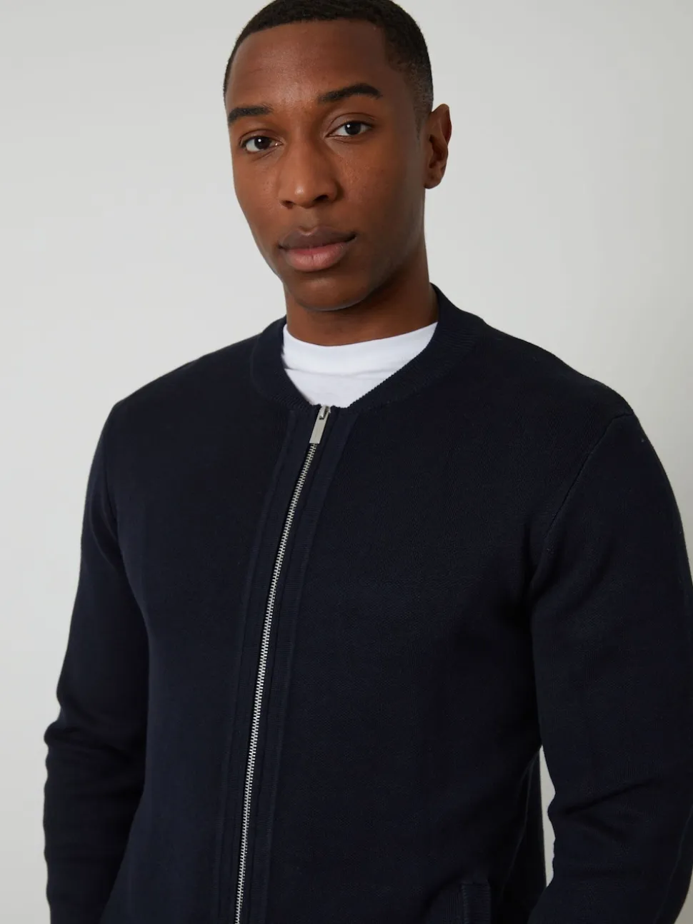Threadbare Blue Bomber Style Knitted Zip Through Cardigan