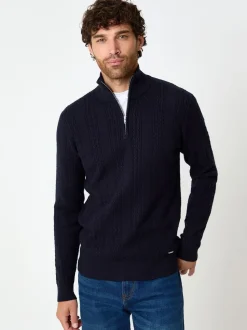 Threadbare Blue Cable Knit Quarter Zip Jumper
