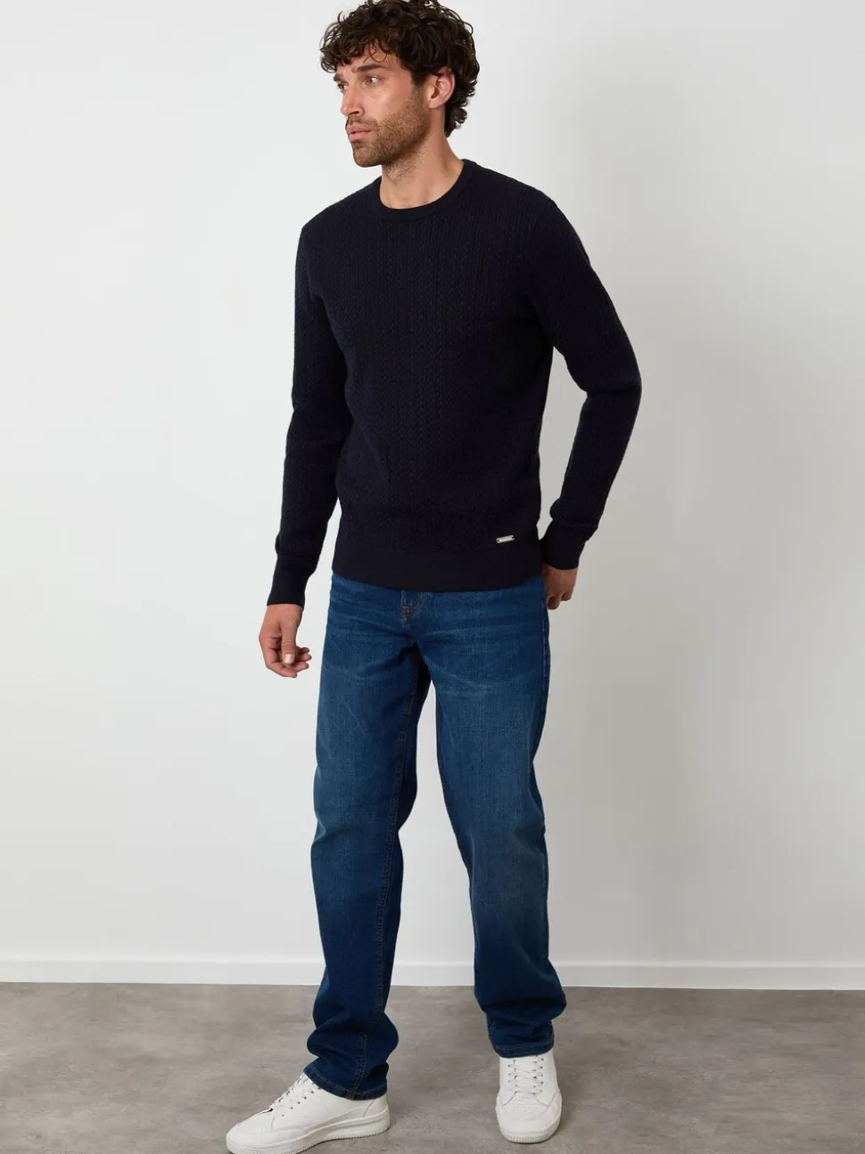 Threadbare Blue Cable Knit Rib Crew Neck Jumper