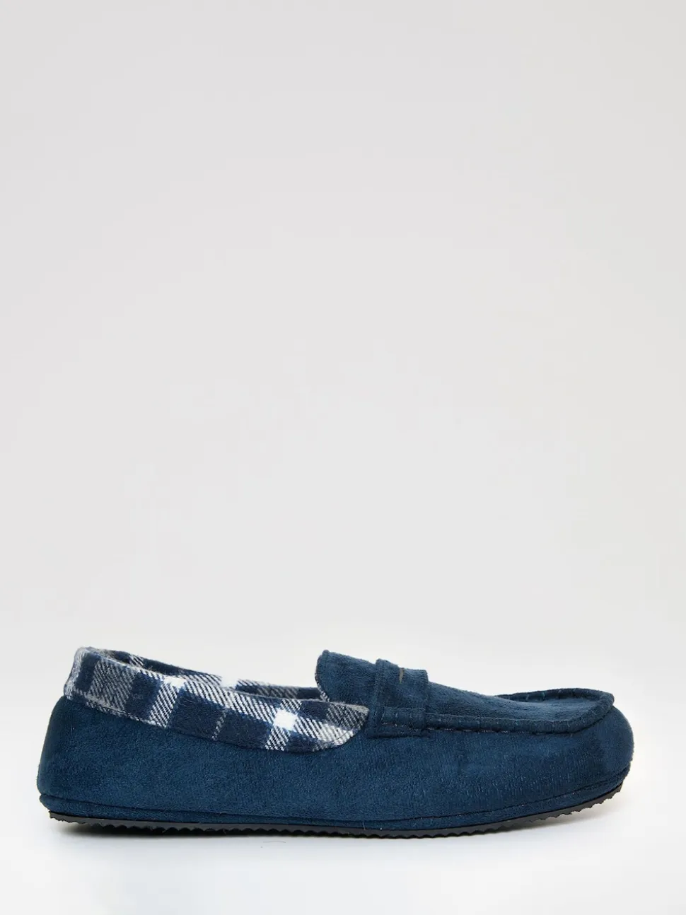 Threadbare Blue Faux Suede Fabric Trim Moccasin Slippers