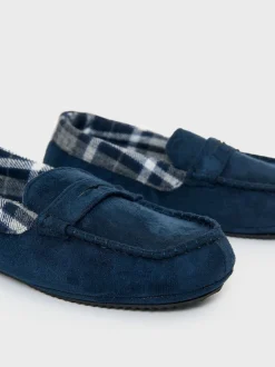 Threadbare Blue Faux Suede Fabric Trim Moccasin Slippers