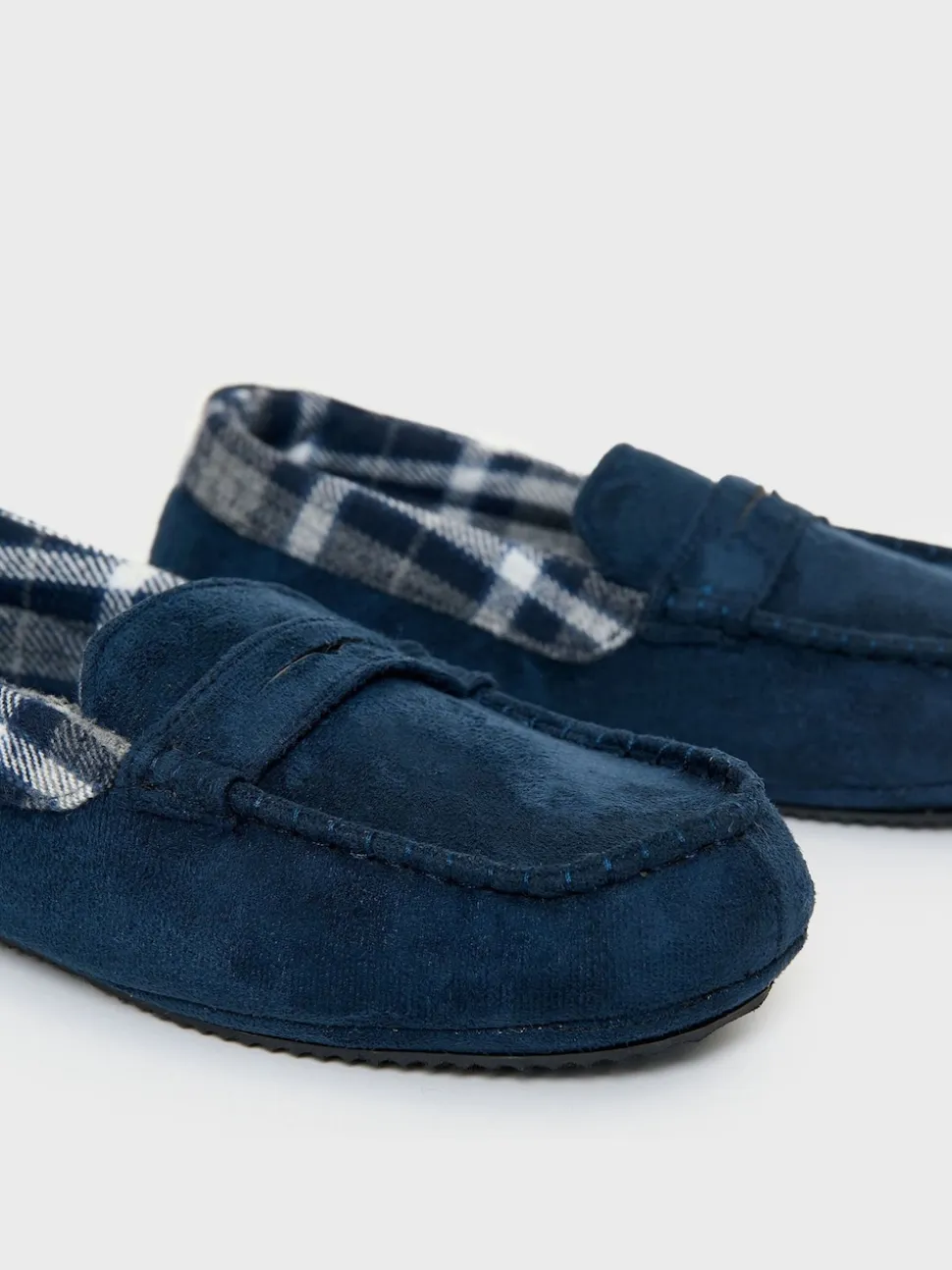 Threadbare Blue Faux Suede Fabric Trim Moccasin Slippers
