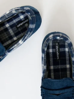 Threadbare Blue Faux Suede Fabric Trim Moccasin Slippers