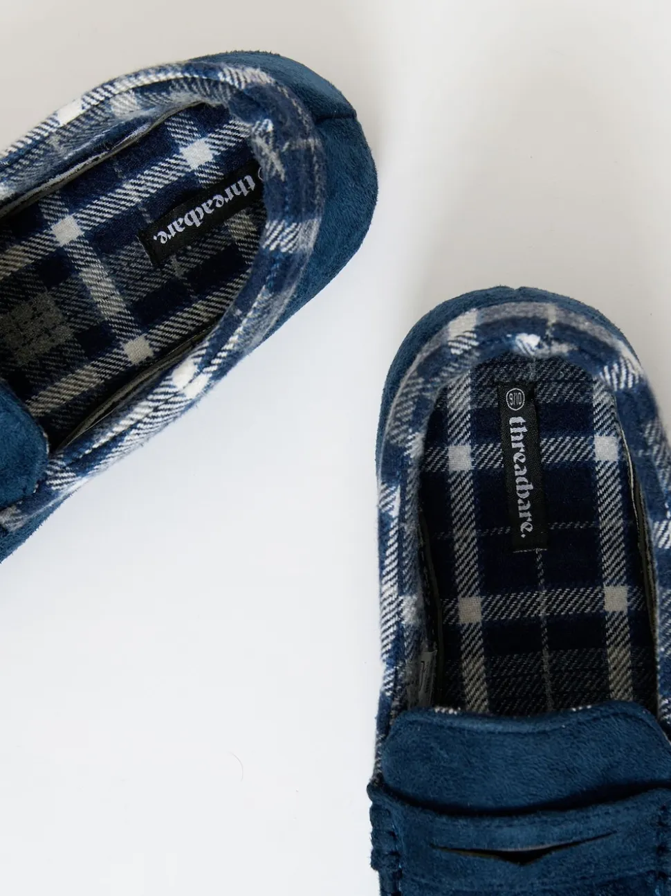 Threadbare Blue Faux Suede Fabric Trim Moccasin Slippers
