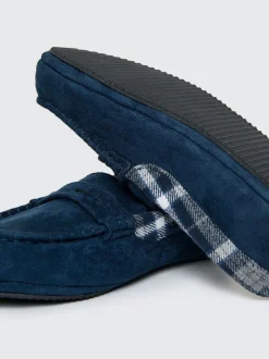 Threadbare Blue Faux Suede Fabric Trim Moccasin Slippers