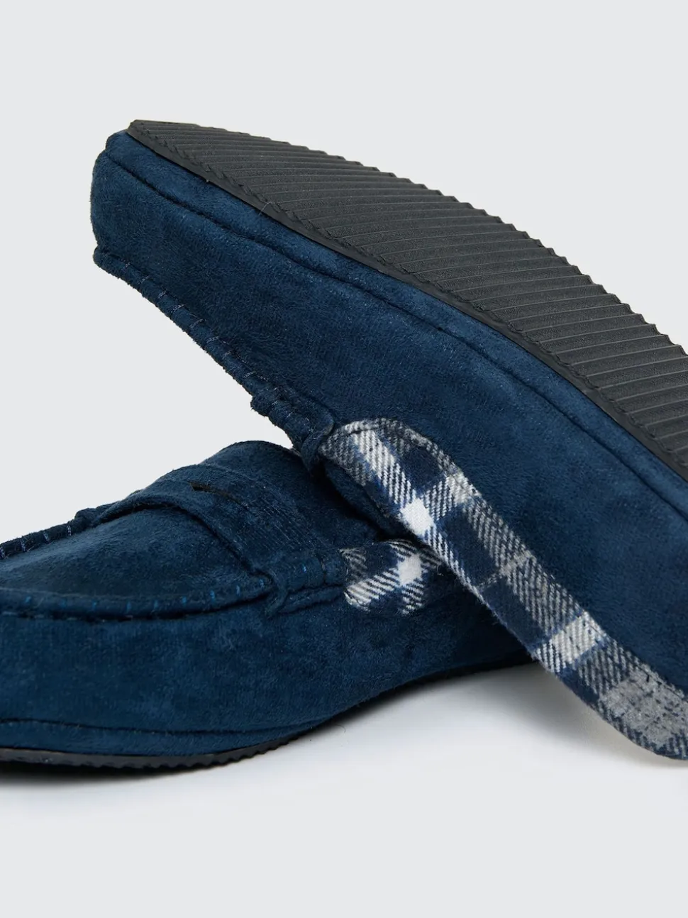 Threadbare Blue Faux Suede Fabric Trim Moccasin Slippers