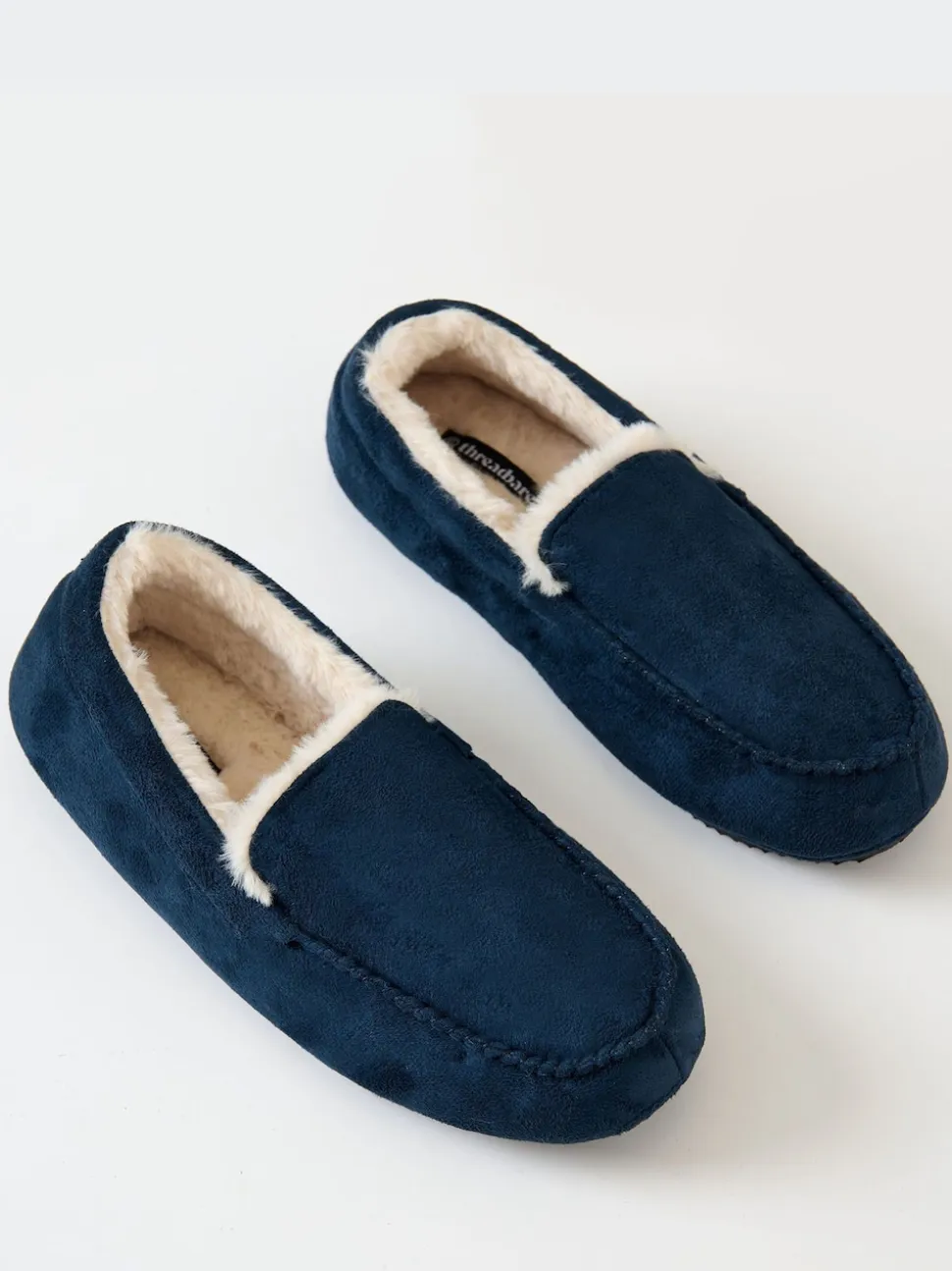 Threadbare Blue Faux Suede Faux Fur Lined Moccasin Slippers